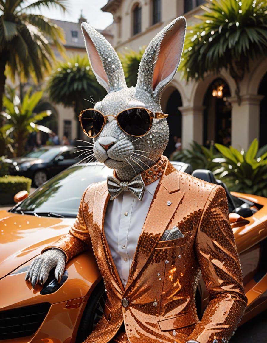 Surreal Diamond Rabbit in Luxury Sports Car