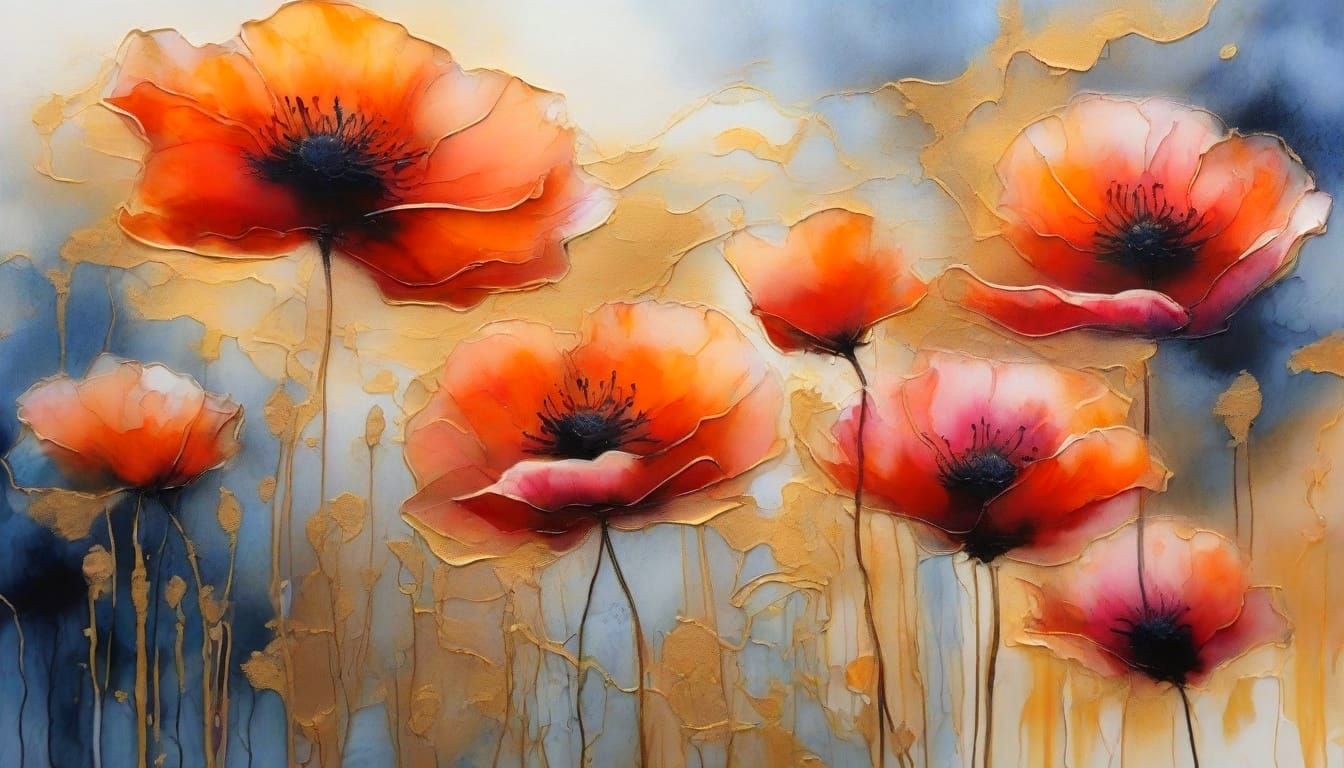 Elegant Impressionist Oil Painting of Vibrant Poppies in Sun...