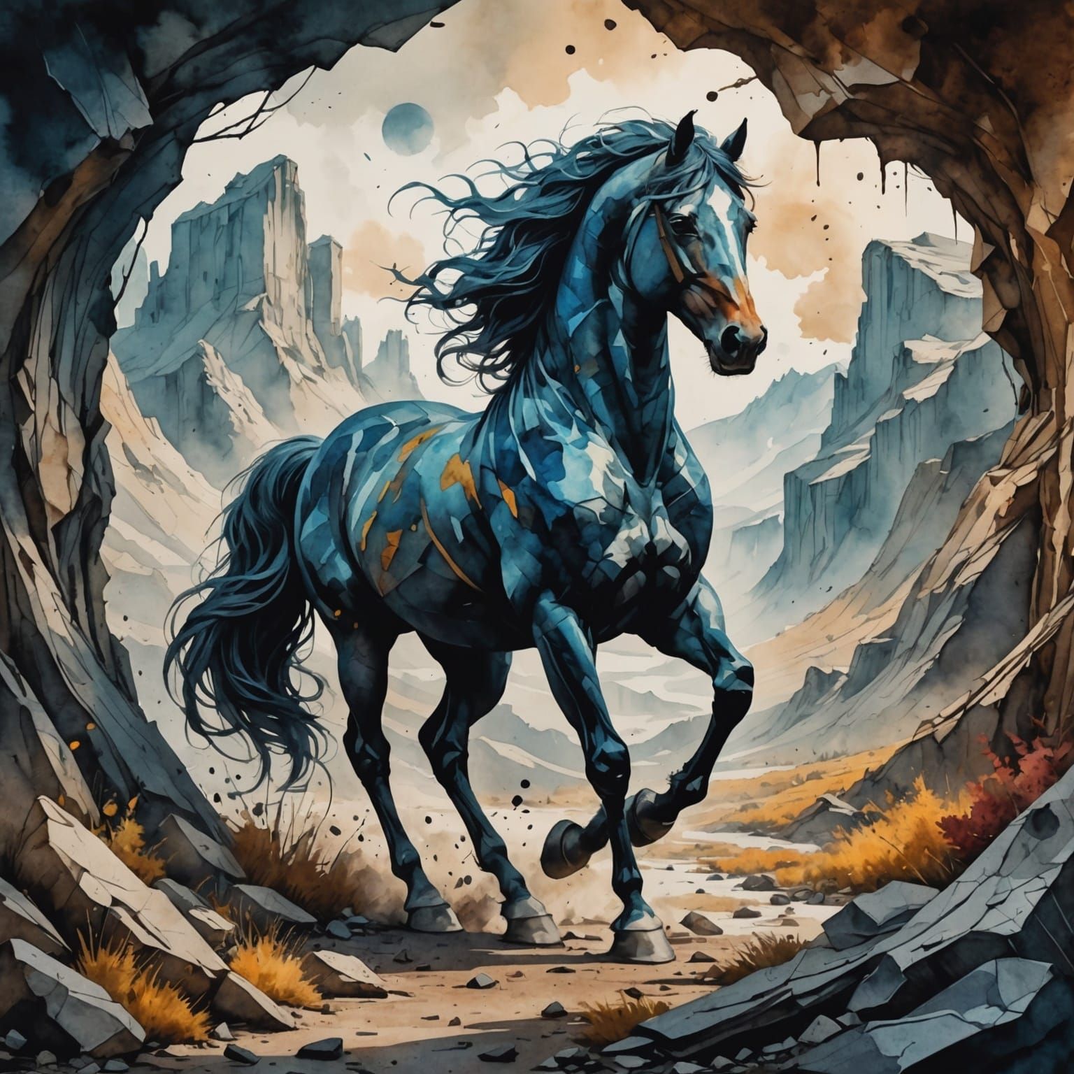 Wild Horse in Watercolor and Ink Painting