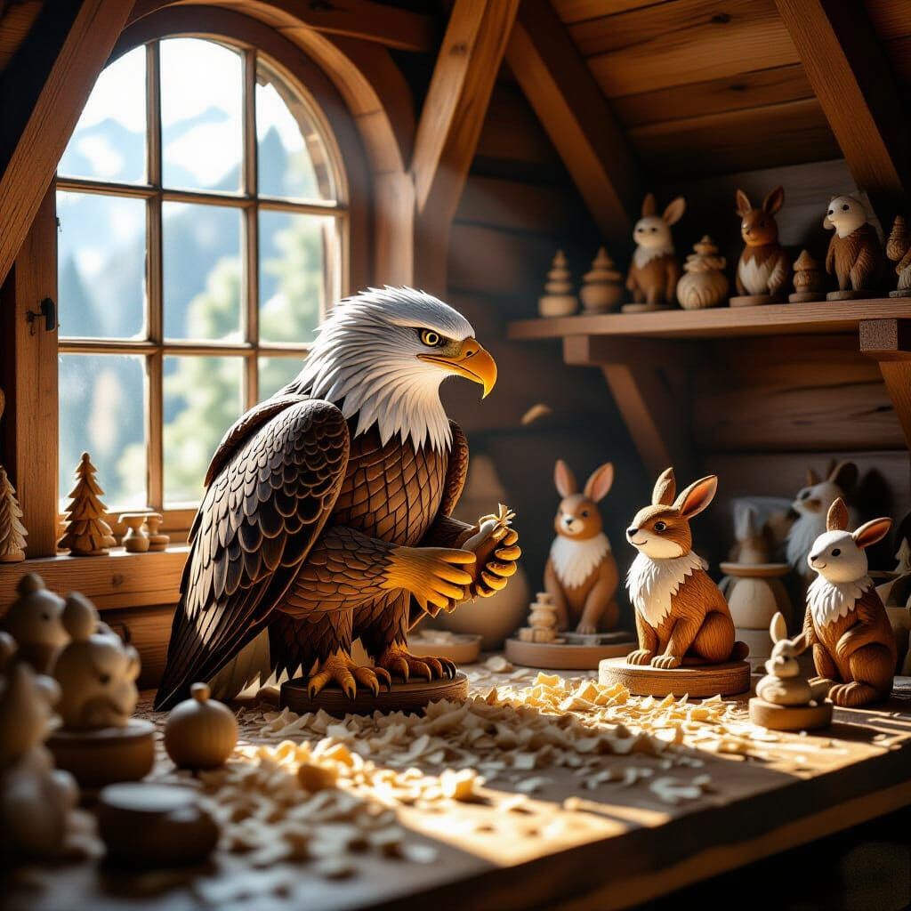 Eagle Carver in Mountain Workshop, Rustic Storybook Style