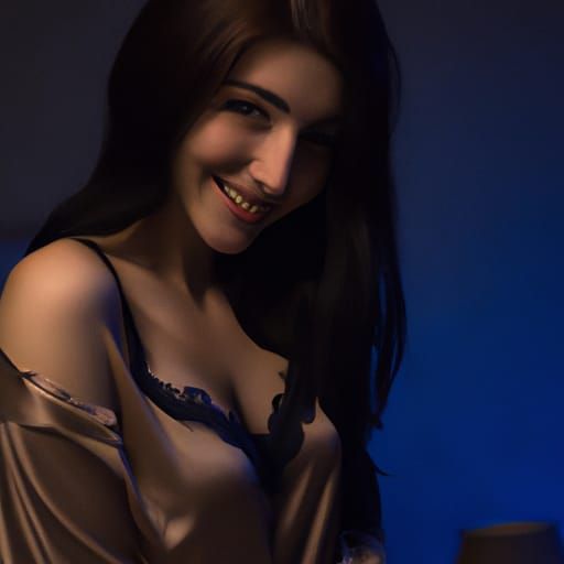 Shy Dark-Haired Girl in Nightgown, Dimly Lit Room