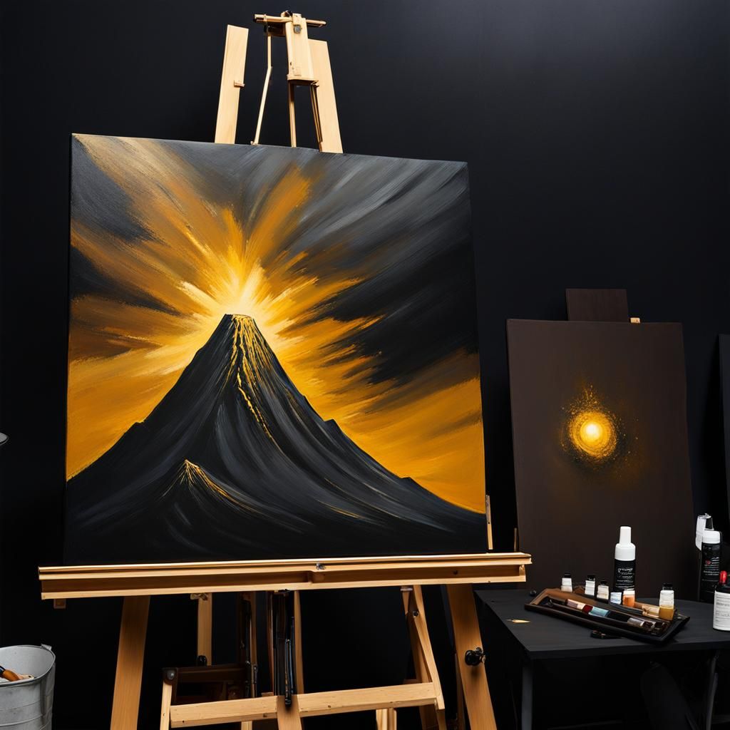 Black Volcano Painting with Golden Highlights