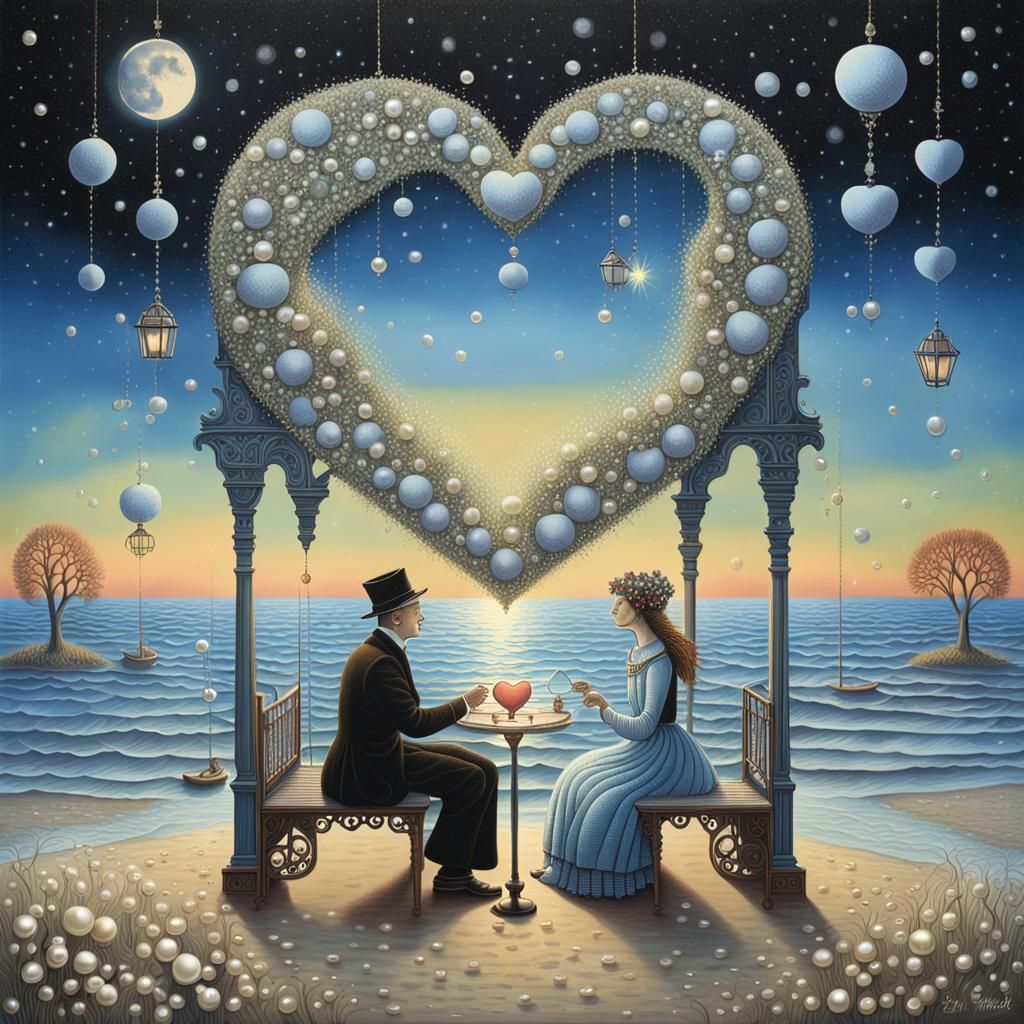 Romantic Victorian Beach Scene with Galaxy Heart