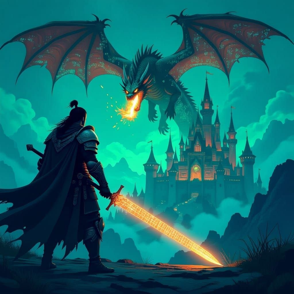 Warrior Battles Dragon Made of Code