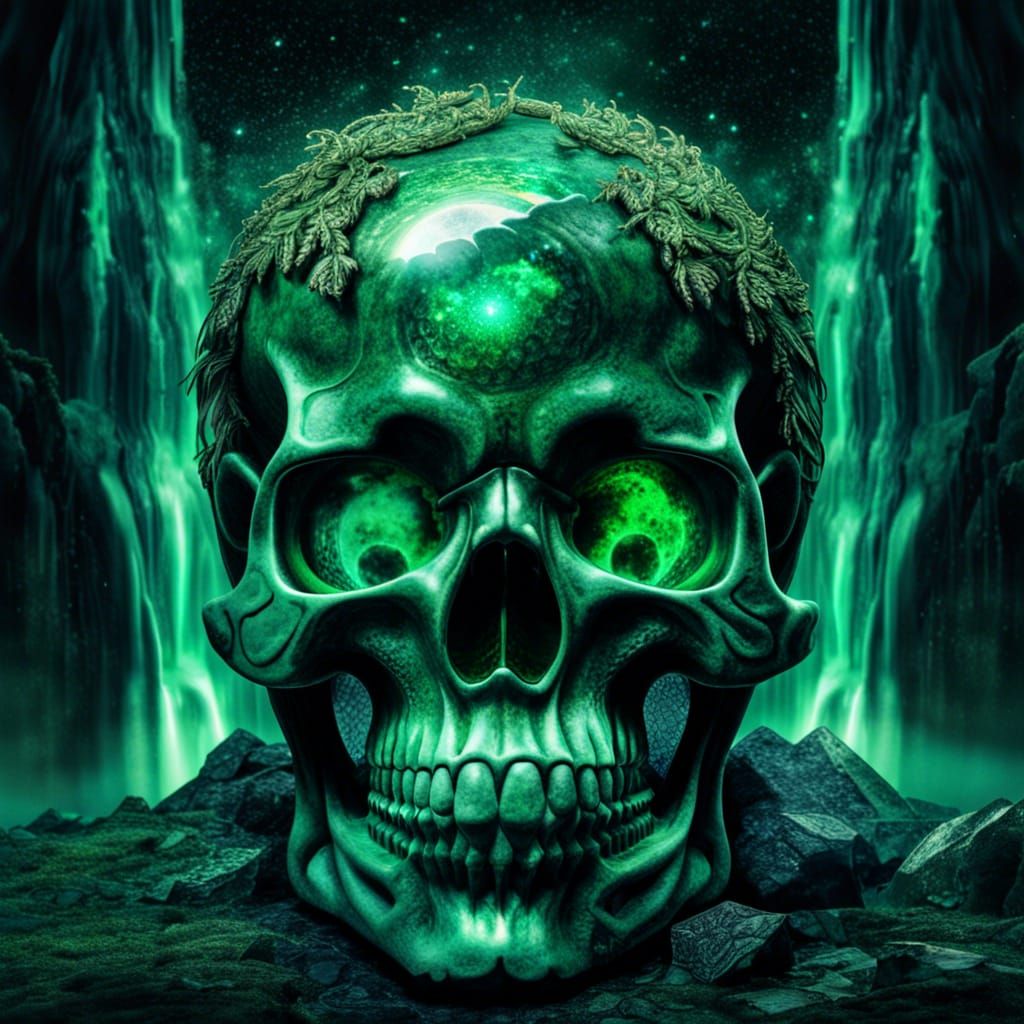 Emerald Skull in Space with Waterfalls
