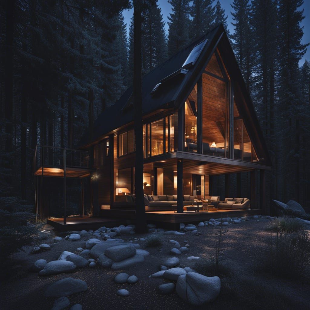 Cozy Cabin in Forest at Night