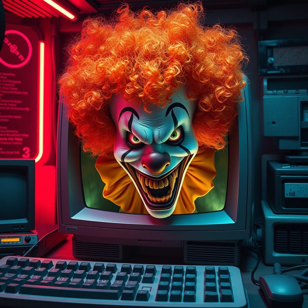 Terrifying Clown Emerges from Retro Computer Screen