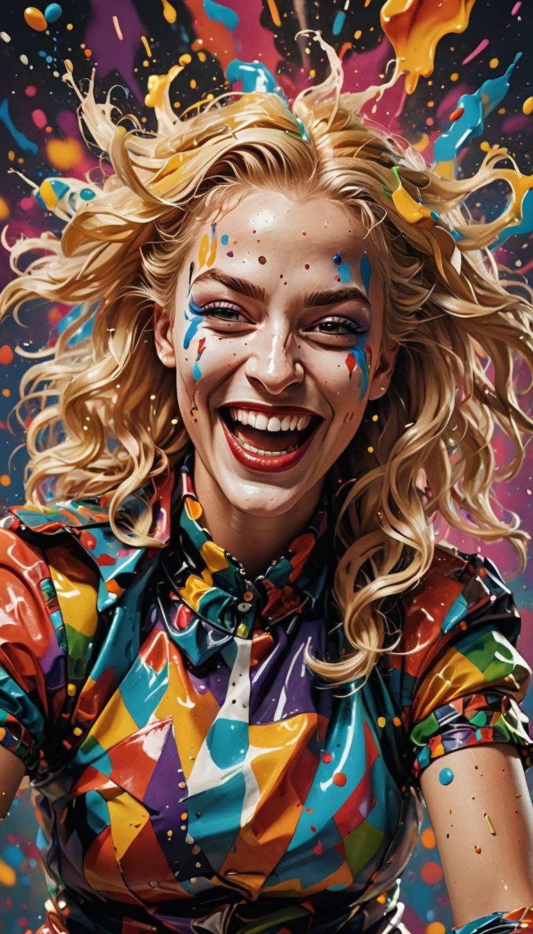 Laughing Blond Harlequin in Hyperrealistic Splash Art