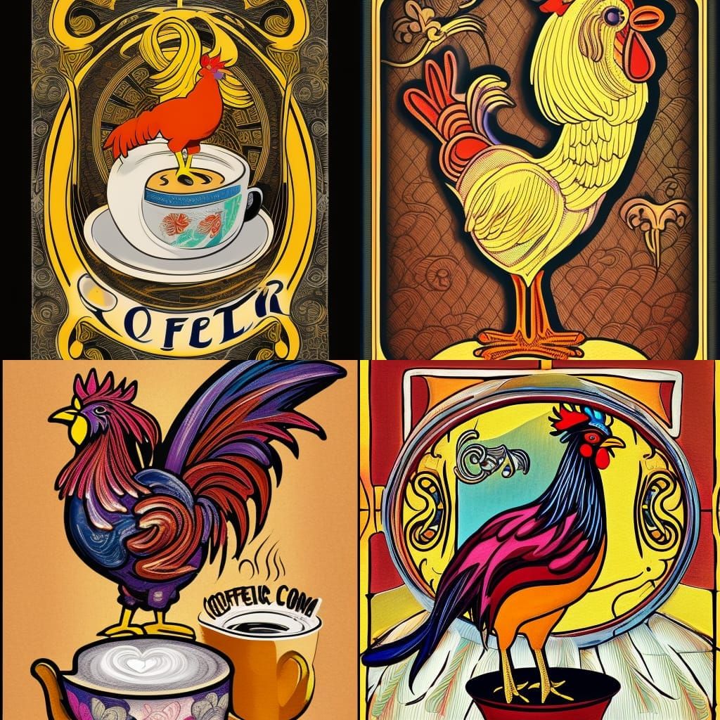 Rooster with Coffee: Art Nouveau Cel-Shaded Illustration