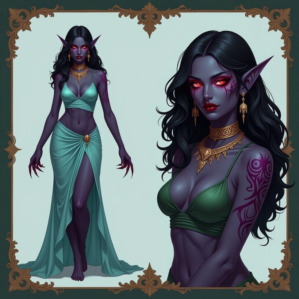 A female DROW, she is wearing a translucent cyan torn dress, with nothing underneath it.  Her skin is very dark maroon c...