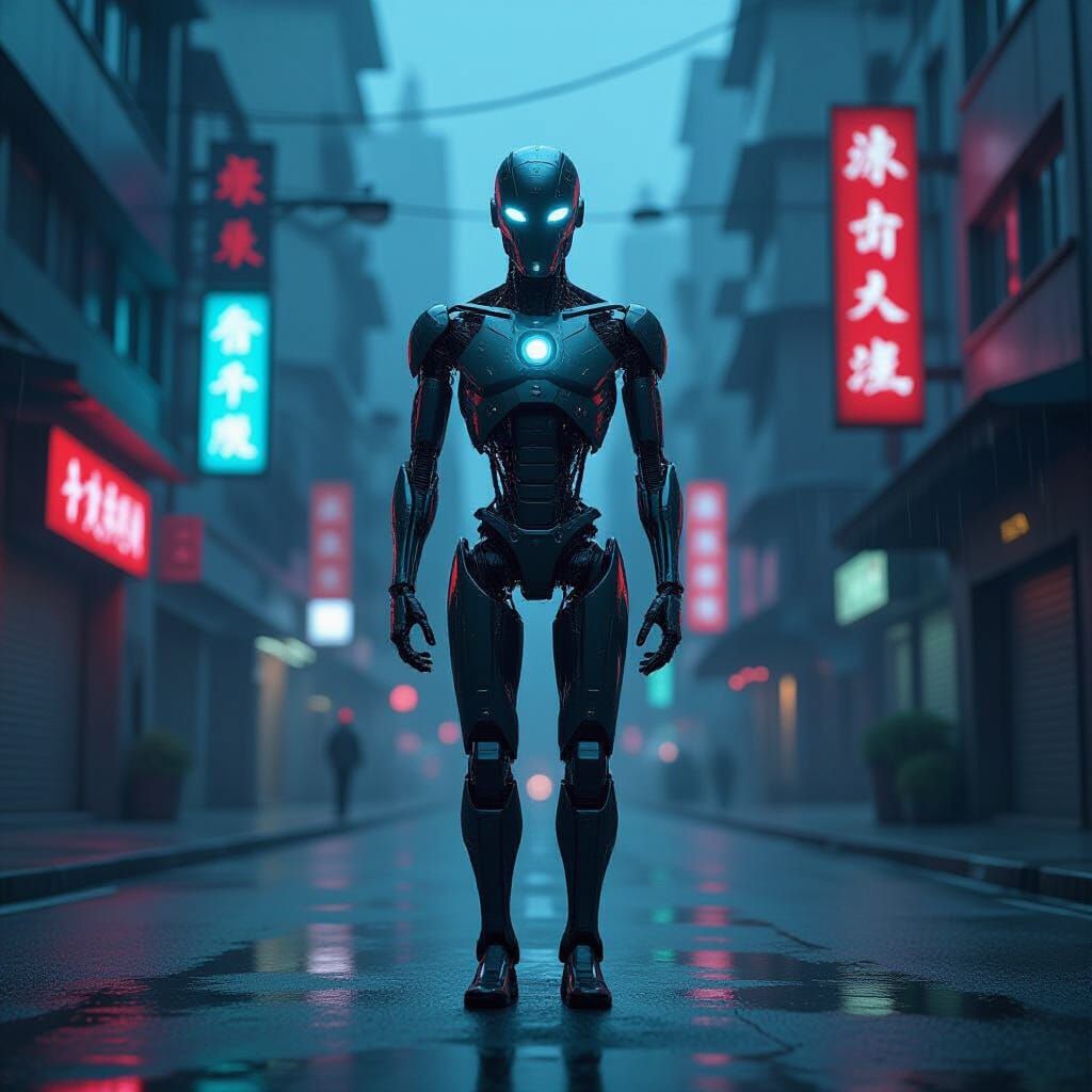 Android Drenched in Neon, Covered in Luminous Webs