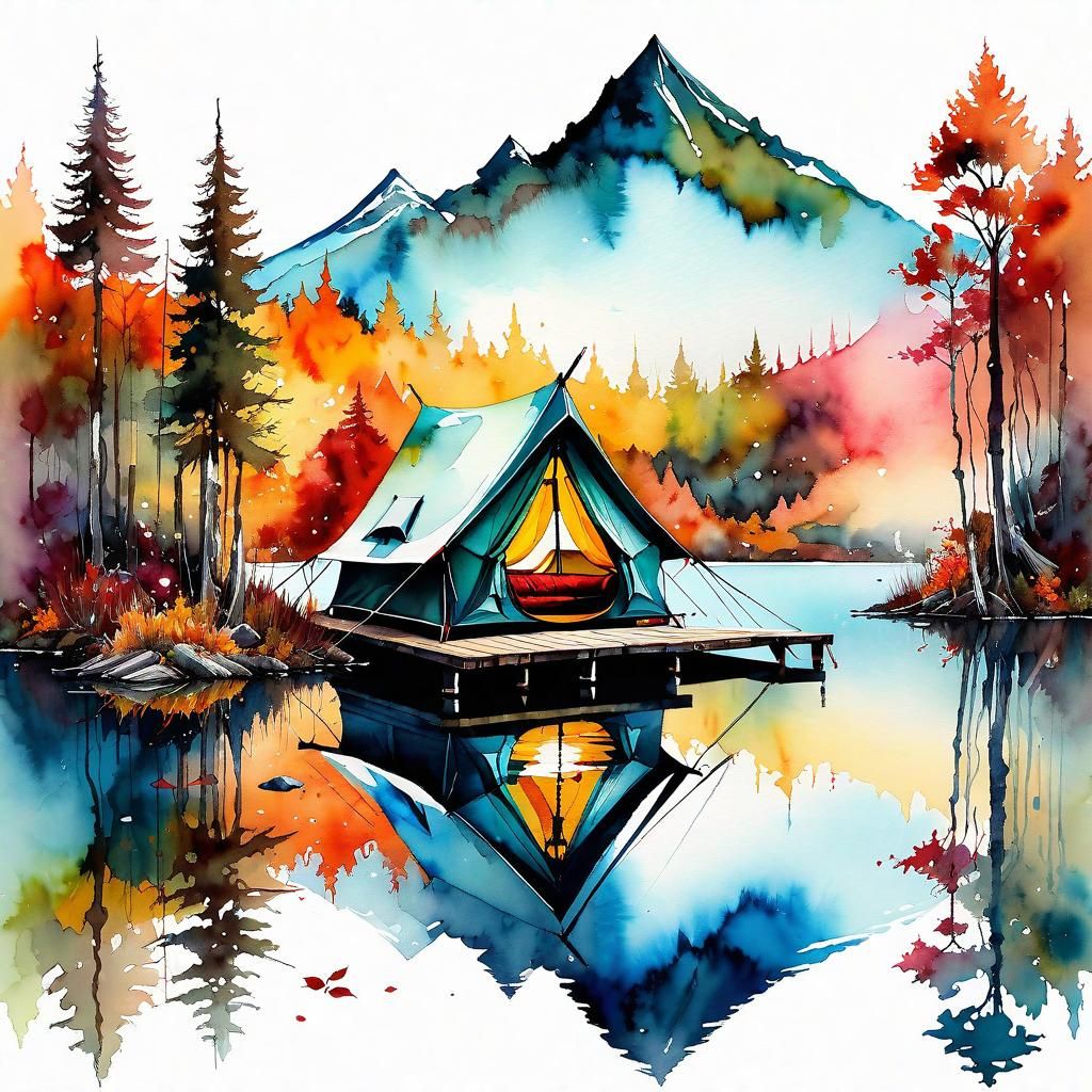 Magical Lakeside Tent in Watercolor and Ink