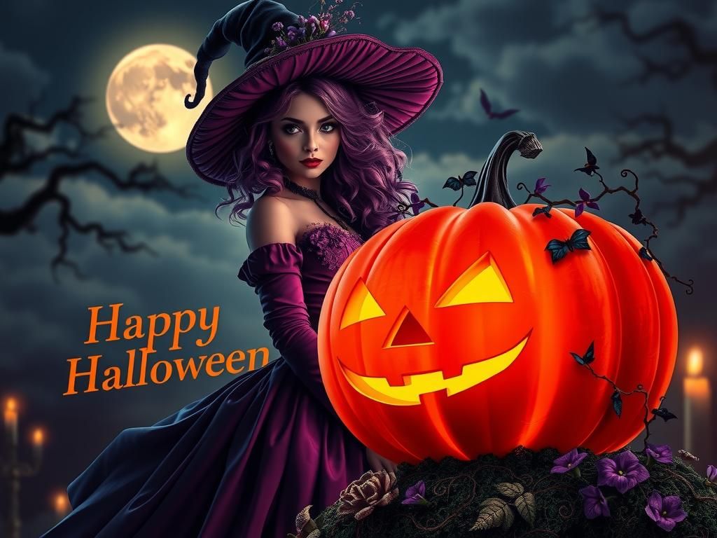 Regal Witch with Bioluminescent Pumpkin, in Art Nouveau Styl...