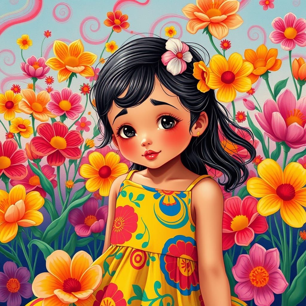 Whimsical Girl in a Vibrant Floral Wonderland