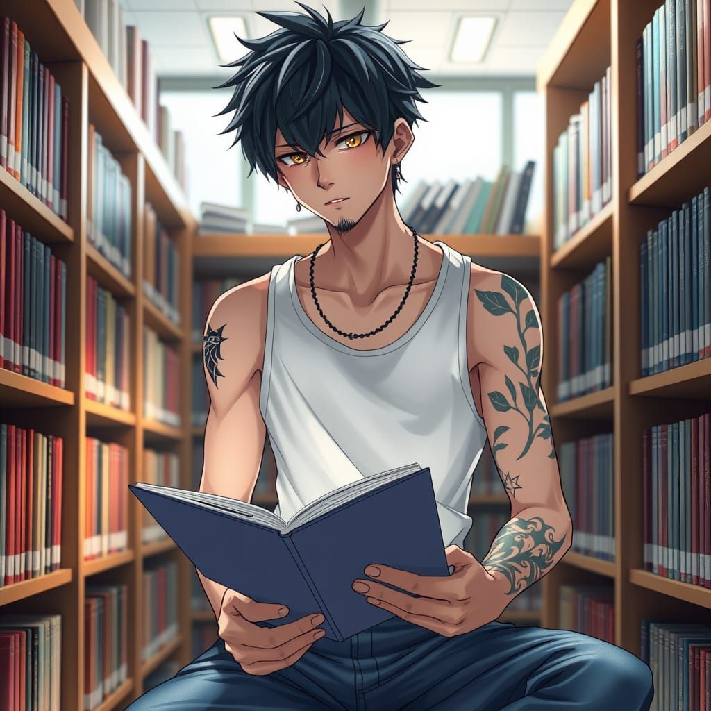 Intense Study Session: Anime-Style Character in Library