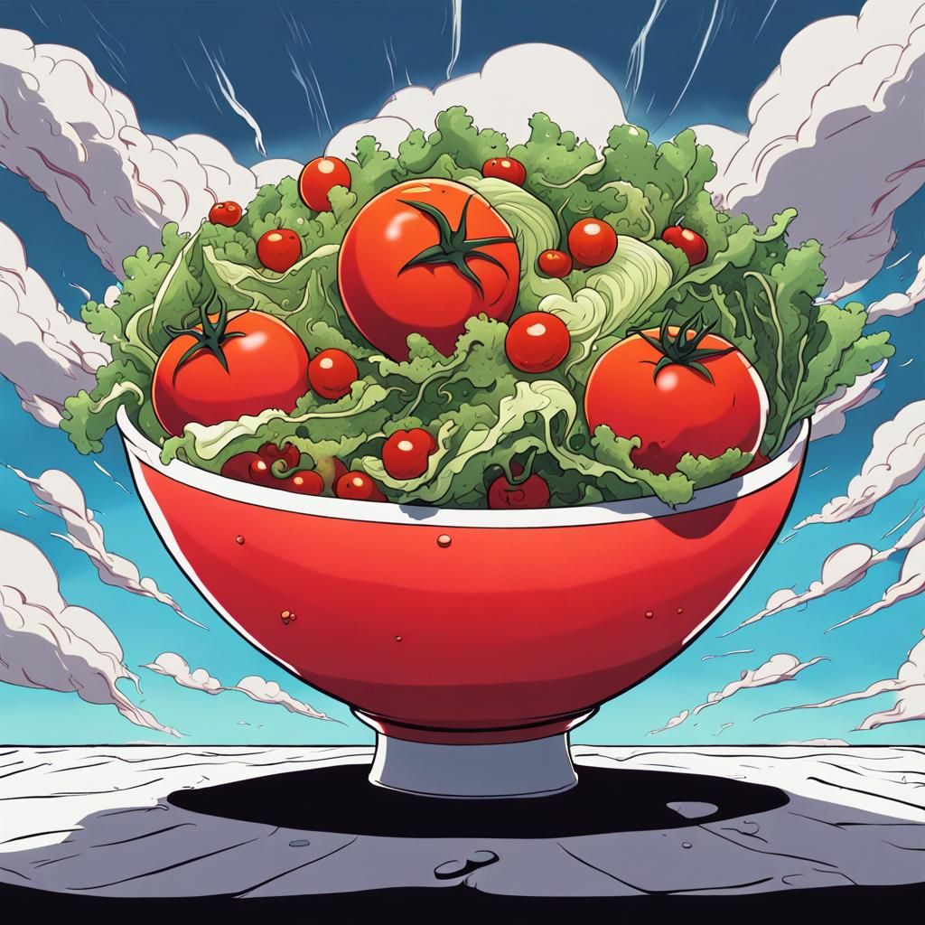 Tomato Strikes Salad Bowl: Surreal Anime Illustration