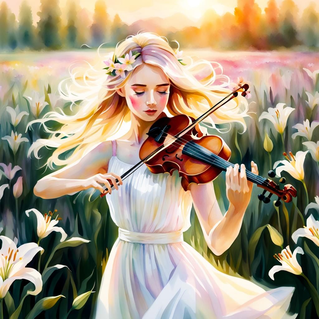 Girl Plays Violin in Lily Field: Art Nouveau Watercolor