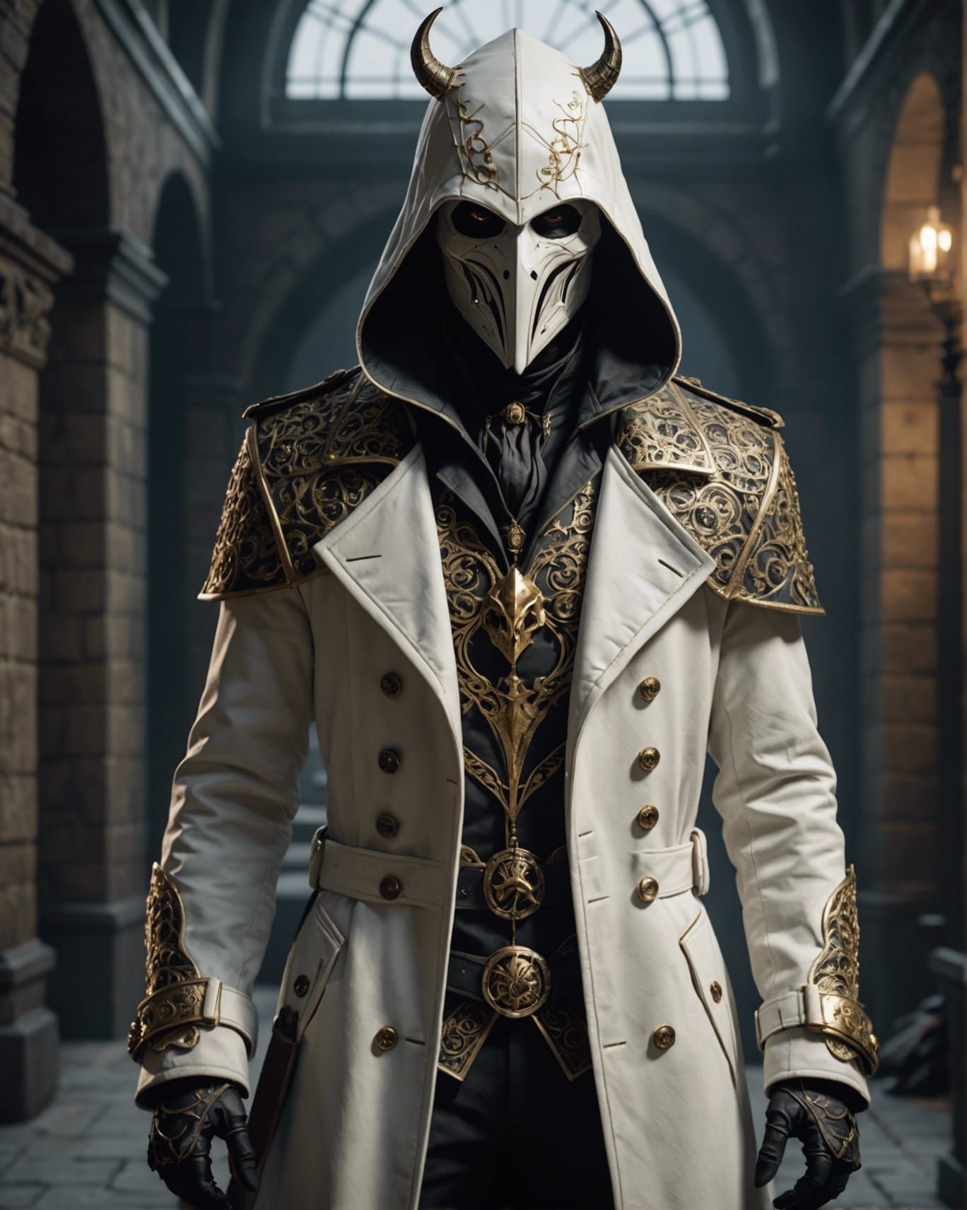 Hyperrealistic Assassin with Devil Mask in Castle