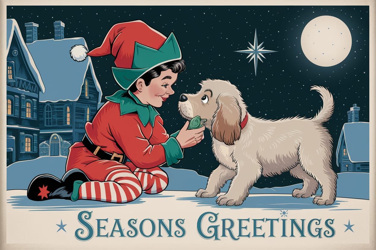 Vintage Christmas Postcard: Elf and Puppy