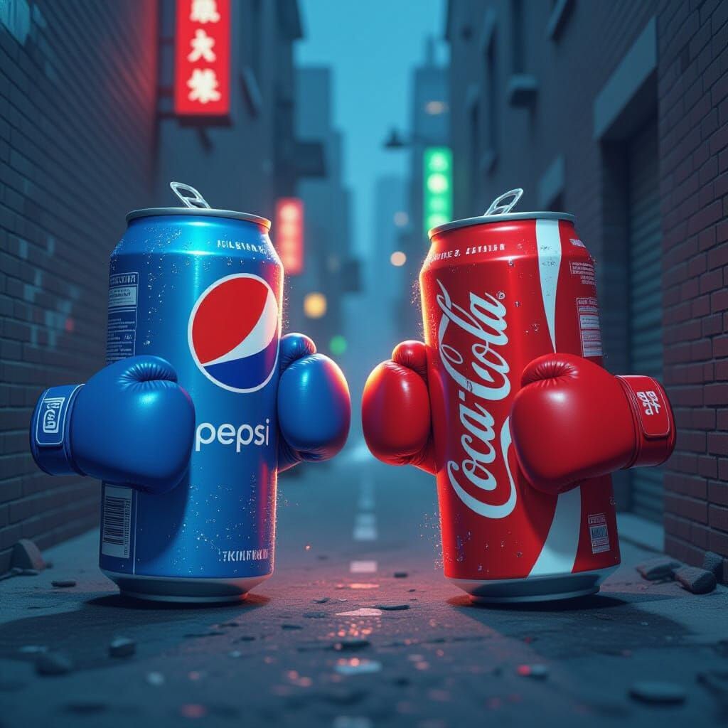 Pepsi vs Coke: Cyberpunk Battle in Neon Cityscape