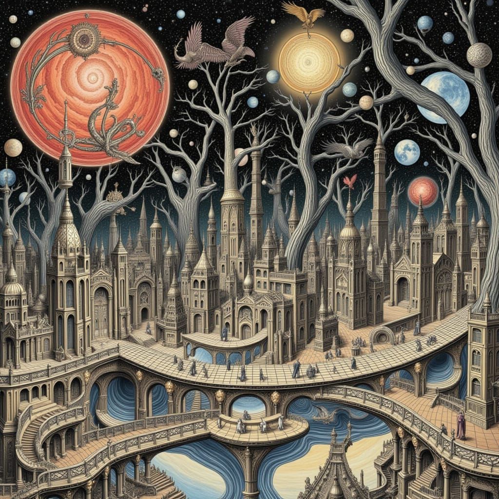 Dazzling Surrealist Fantasy Artscape in Ink