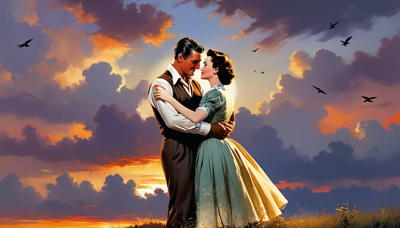 Romantic Embrace at Sunset: A Classic Painting