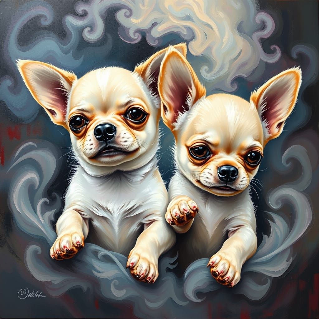 Surreal Whimsy: Two Chihuahuas in Dreamlike Mist