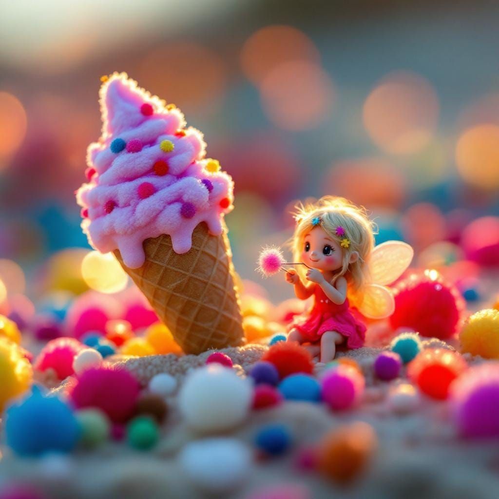 Macro Shot of Fairy Crafting Pom Pom Ice Cream