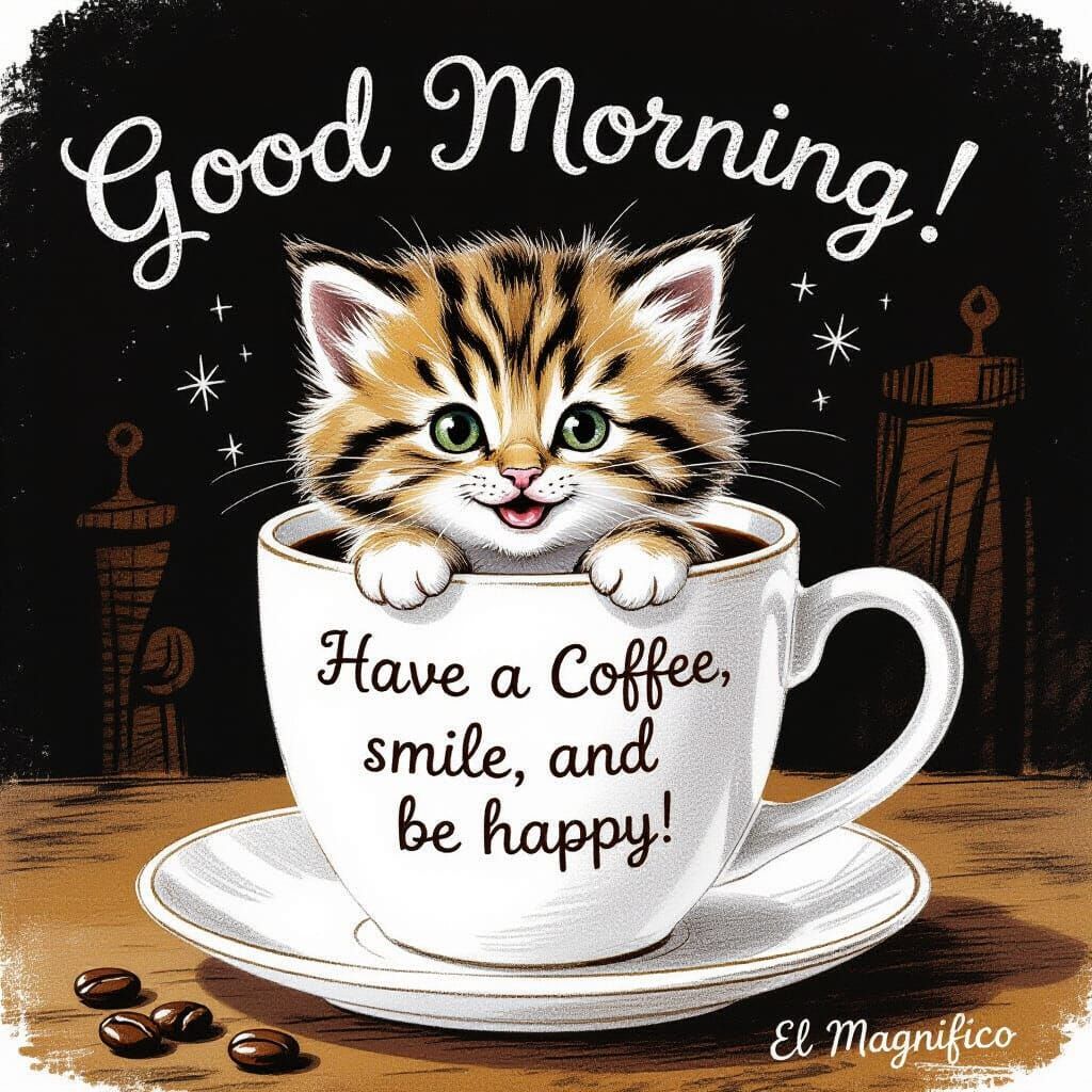 Kitten Peeking From Coffee Mug: Black and White Illustration