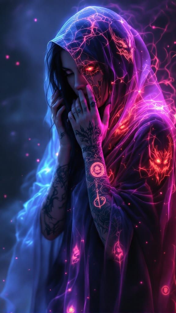 Mystical Tattooed Woman in Eerie, Luminescent Mist
