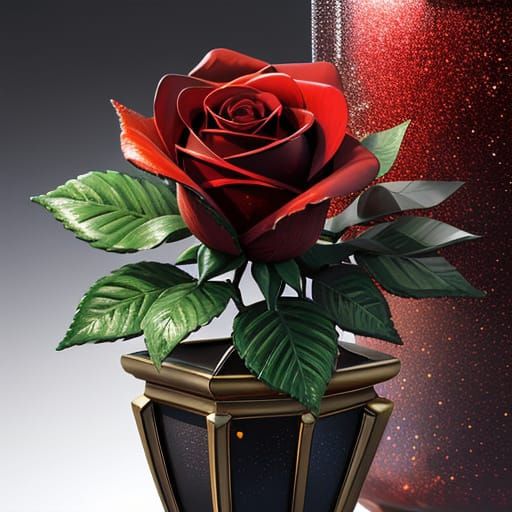Crystal Rose in Bronze Urn with Bee, Oil Painting Style