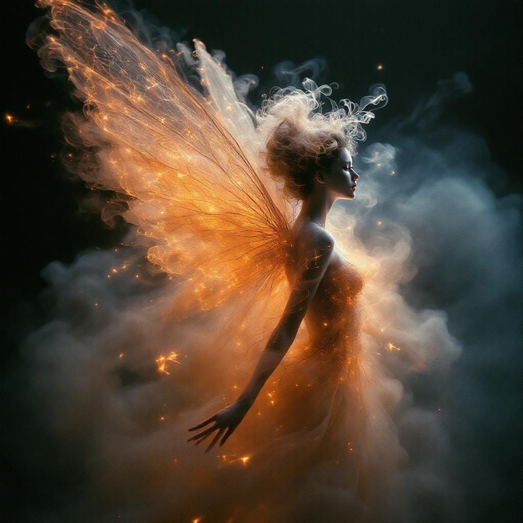 Ethereal Ash Fairy with Swirling Smoke Wings