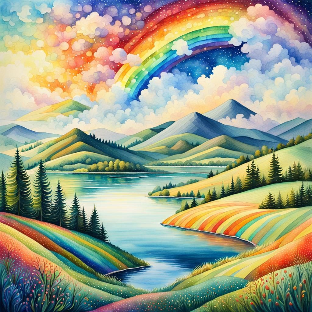Vibrant Pointillist Landscape with Rainbow and Golden Light