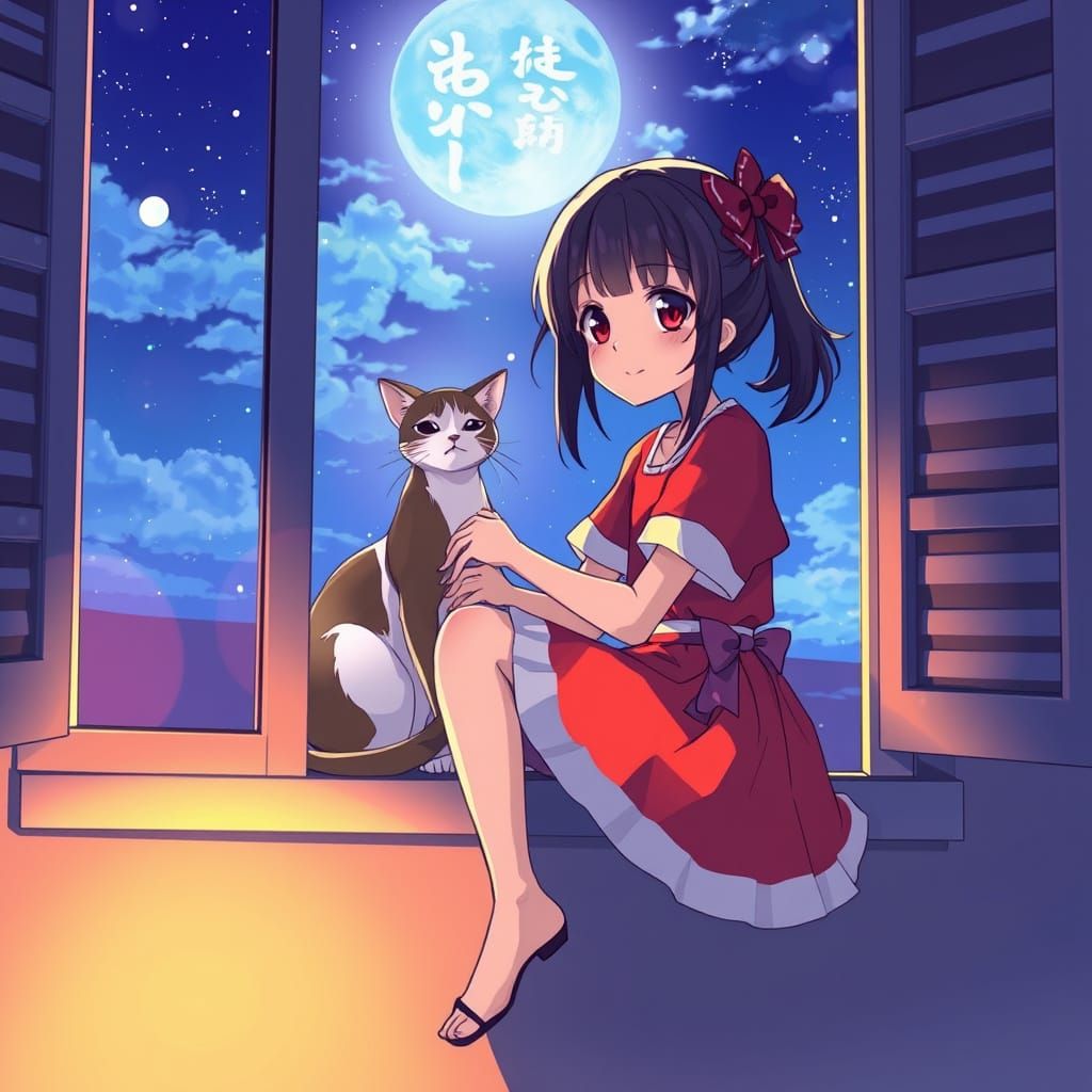 Girl with Cat: Cel-Shaded Anime Art