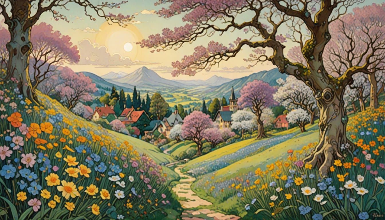 Spring Landscape Inspired by Klimt and Ghibli