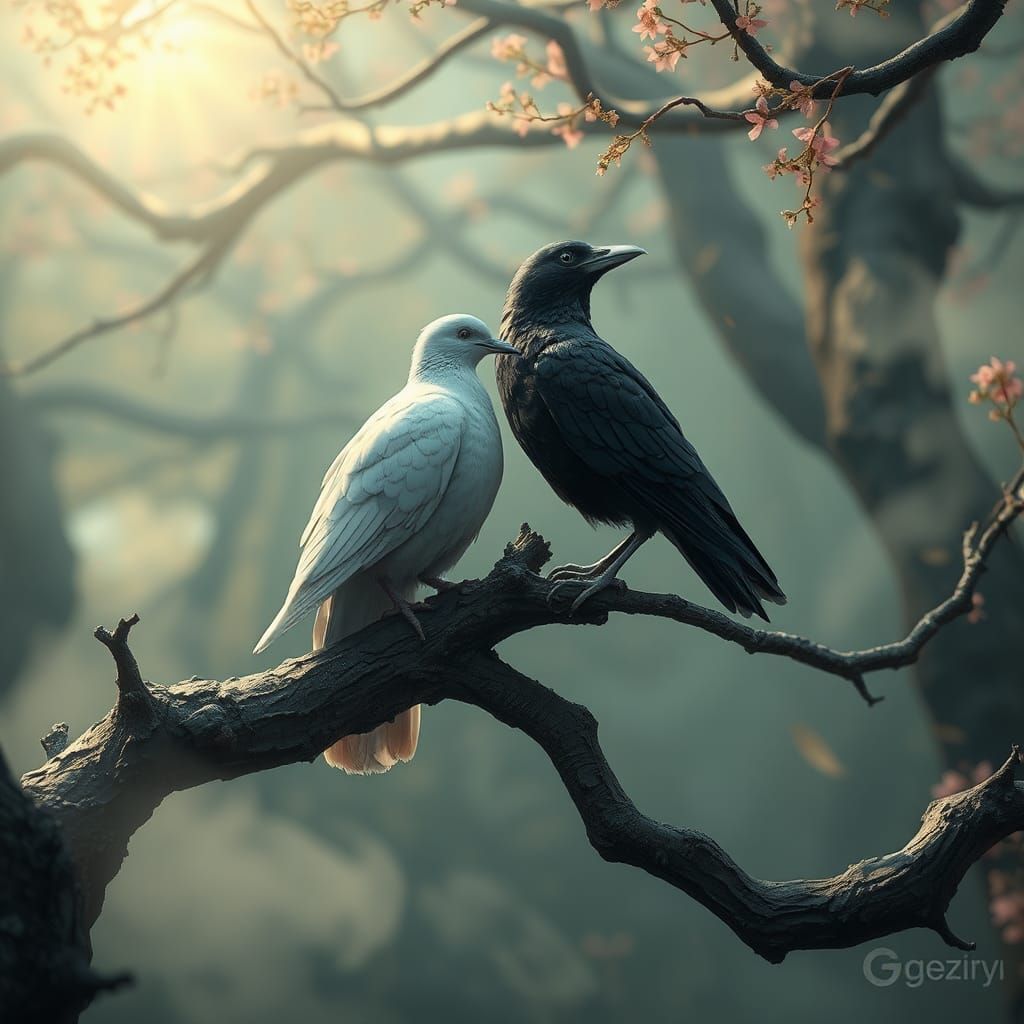Dove and Crow in Mystical Forest, 3D Anime Art
