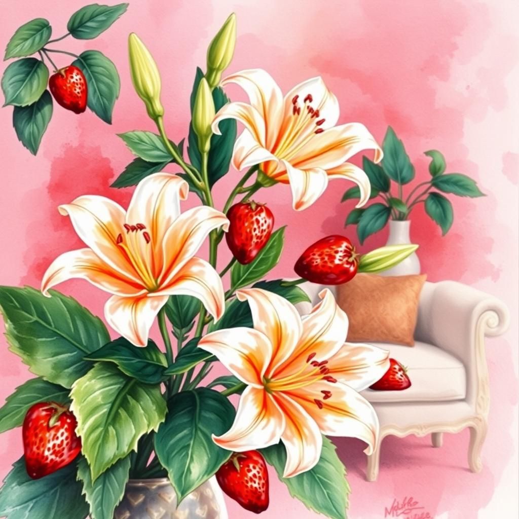 Lilies and Strawberries Still Life in Impressionistic Waterc...
