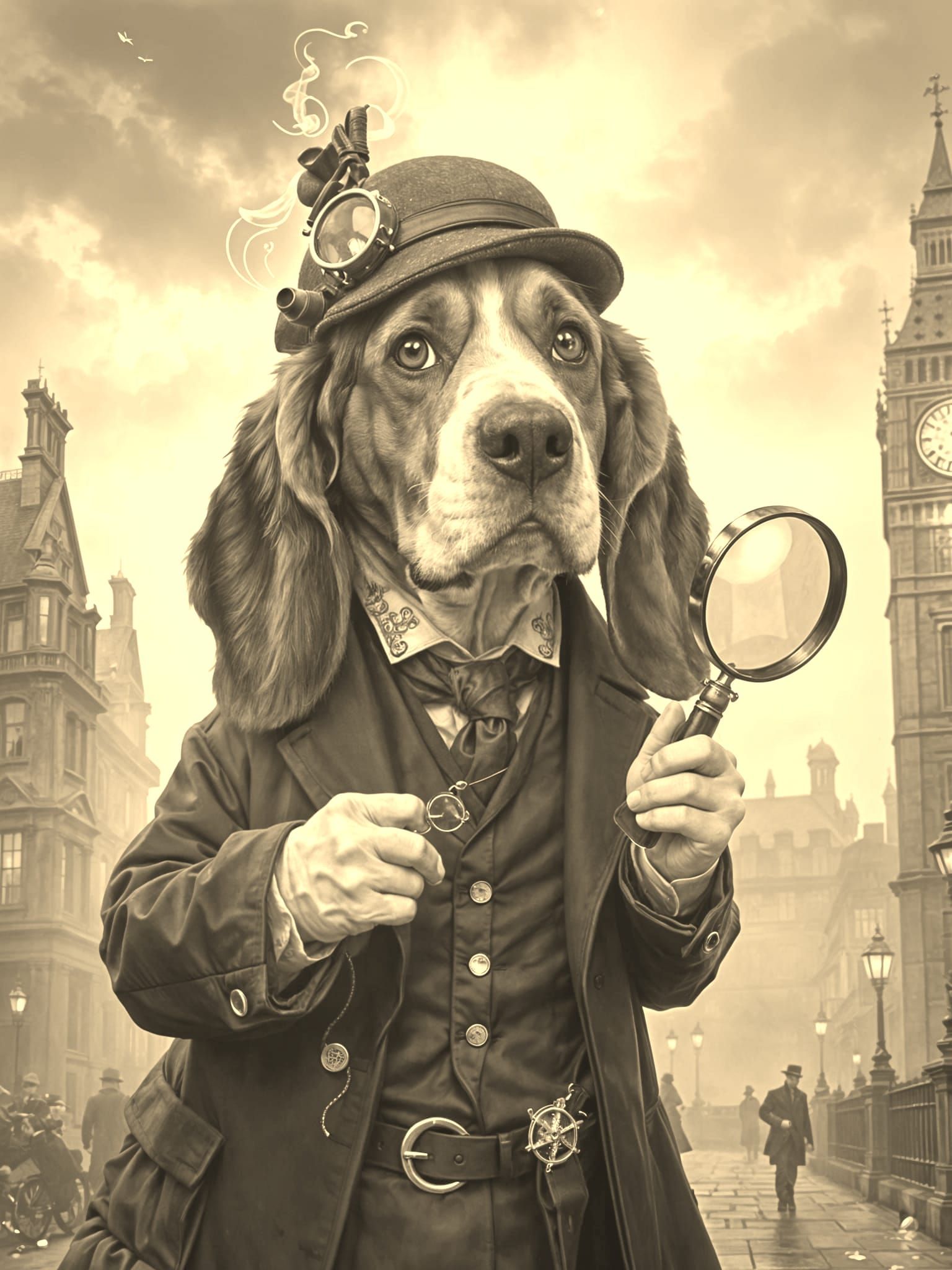 Basset Hound as Sherlock Holmes in Foggy Victorian London