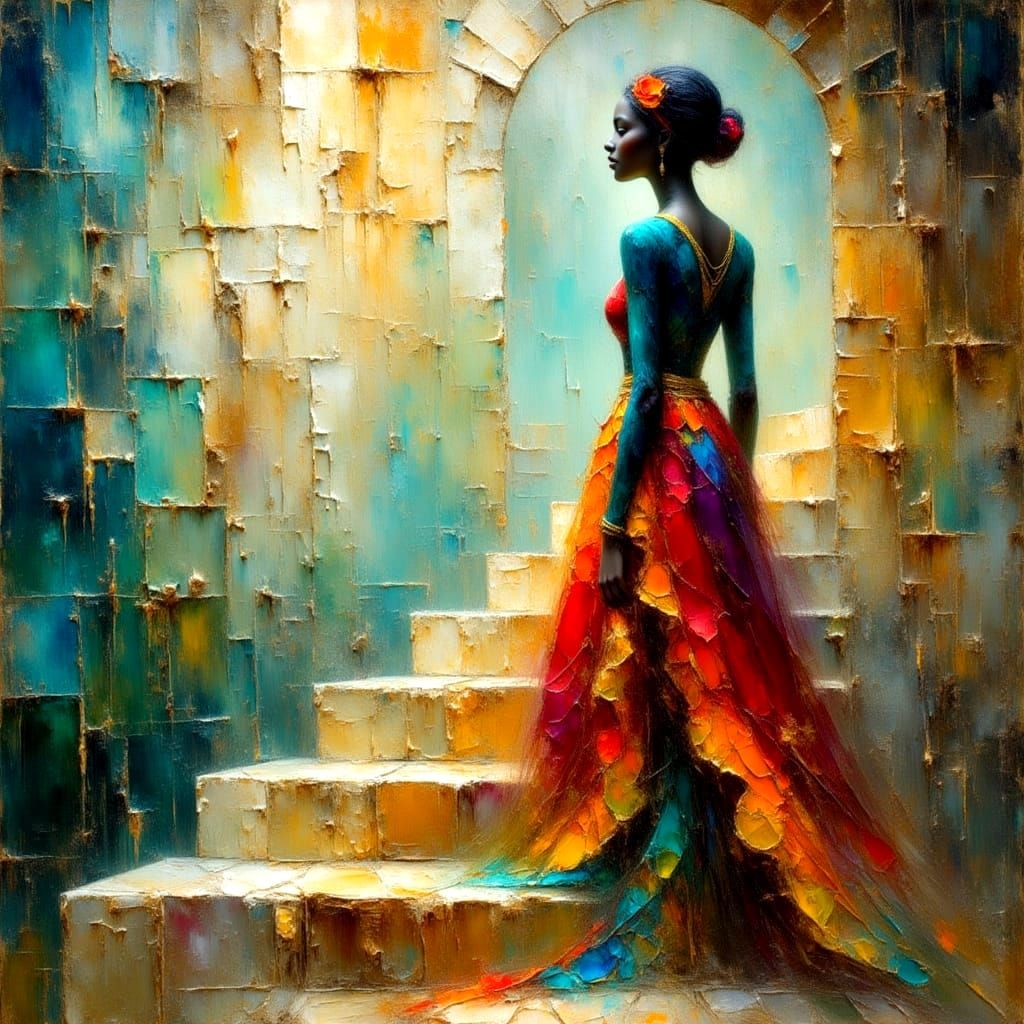 Ethereal Female Figure Climbing Steps into a Longing Landsca...