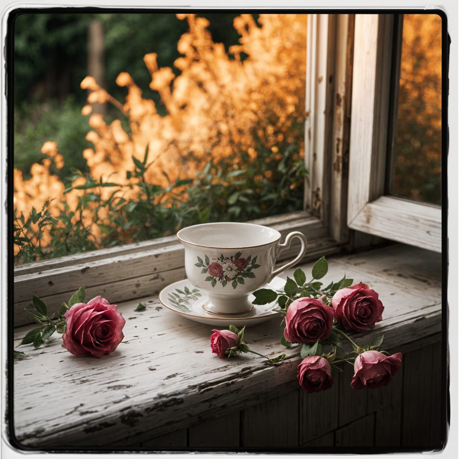 Antique Teacup with Roses in Golden Sunlight