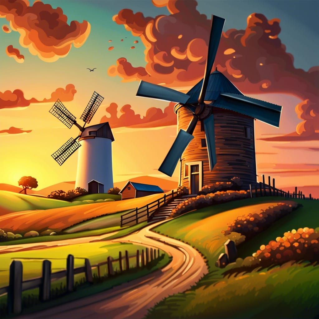 Sunset Over Rolling Hills With Windmill: Hyperrealistic Art