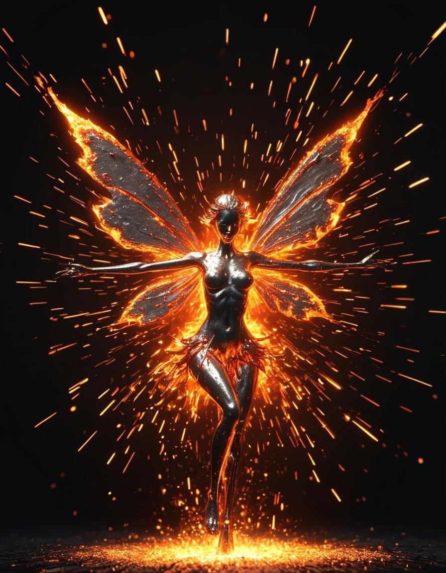 Molten Metal Fairy with Fiery Sparks in 3D