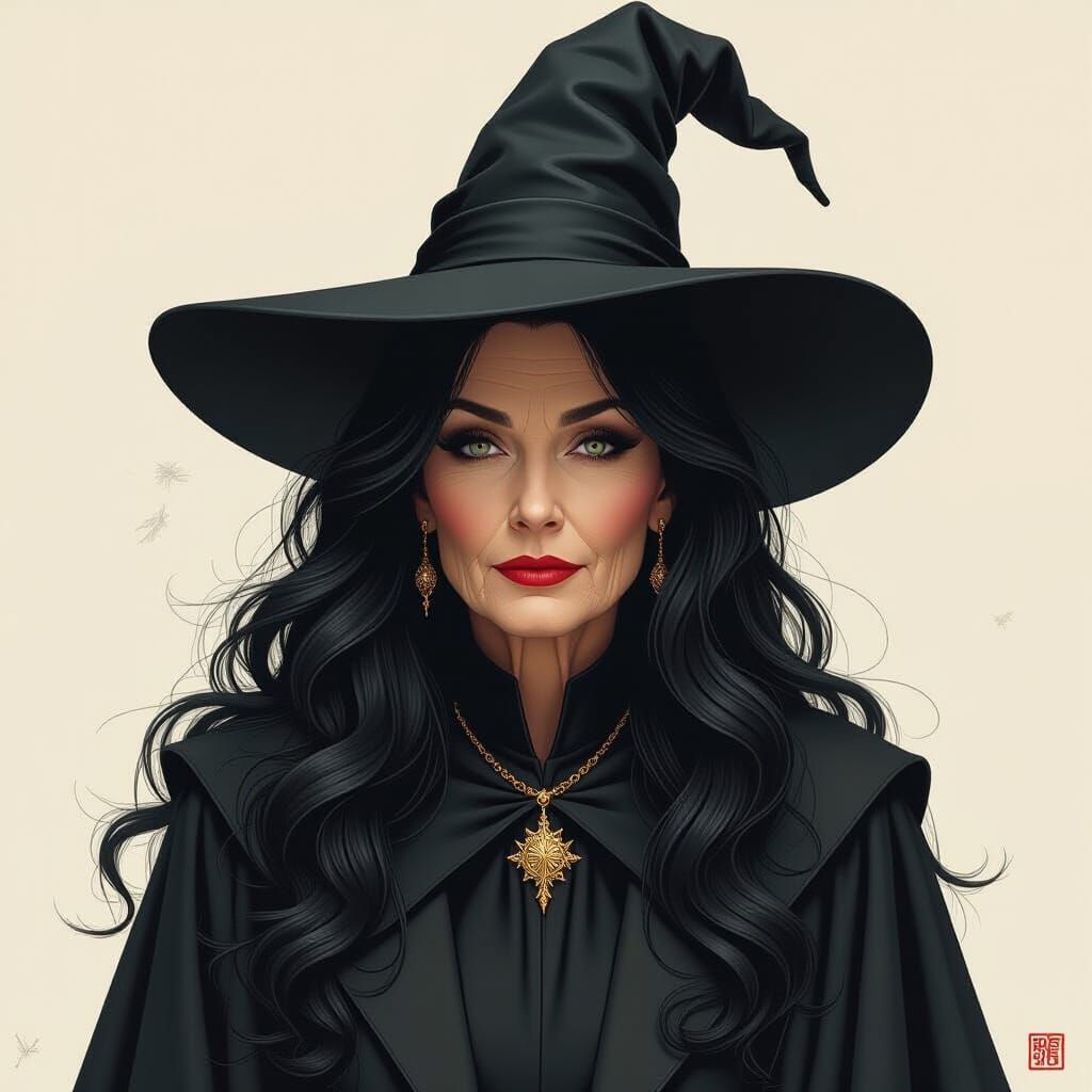 Mystical Black-Haired Woman in Dark Robes