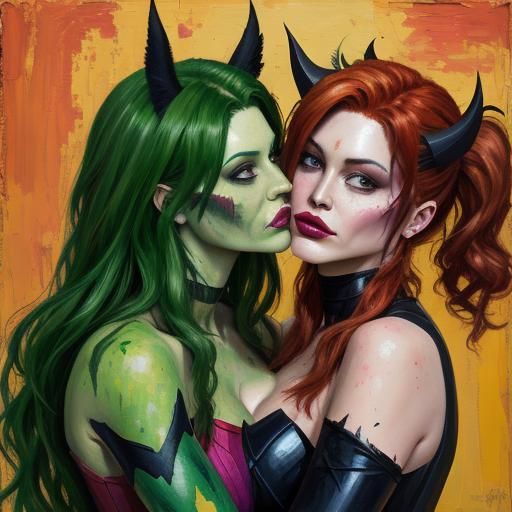 batgirl and poison ivy kissing, exchanging affections, hugging, neo-impressionist expressionist style oil painting, soft...