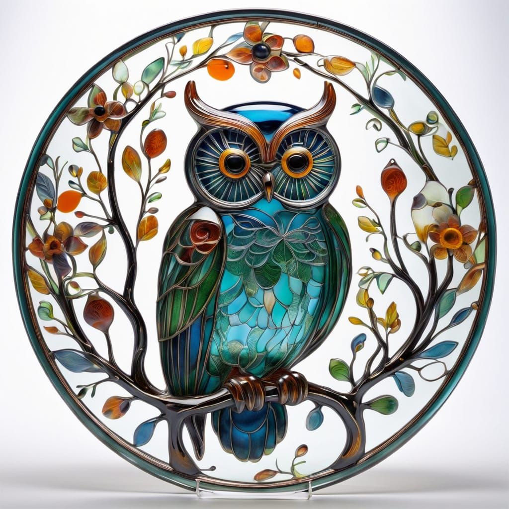 Stylized Owl Motif in Colorful Molten Glass with Botanical D...