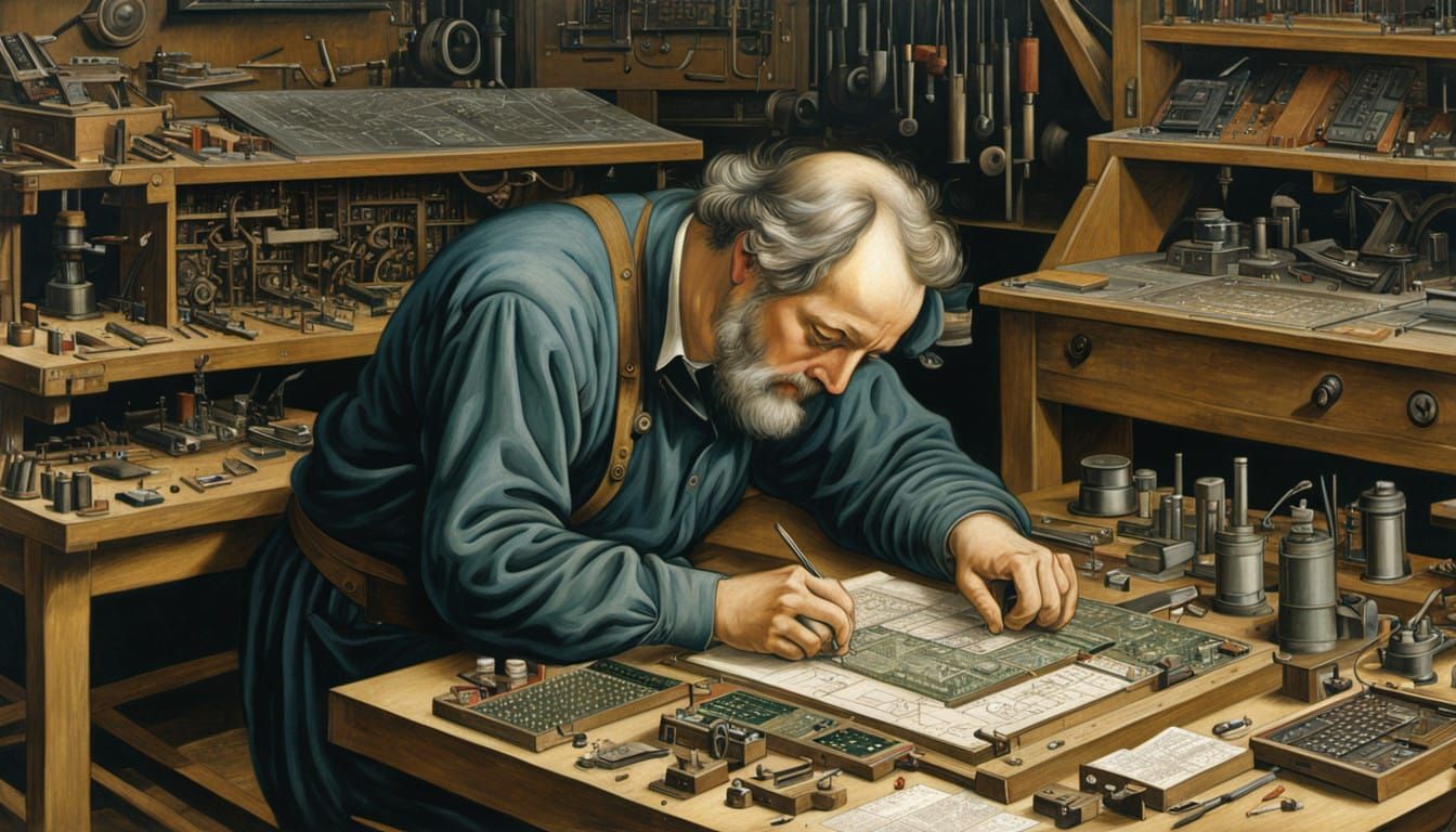 Middle Aged Inventor Assembles Pre Raphaelite Calculating Ma...