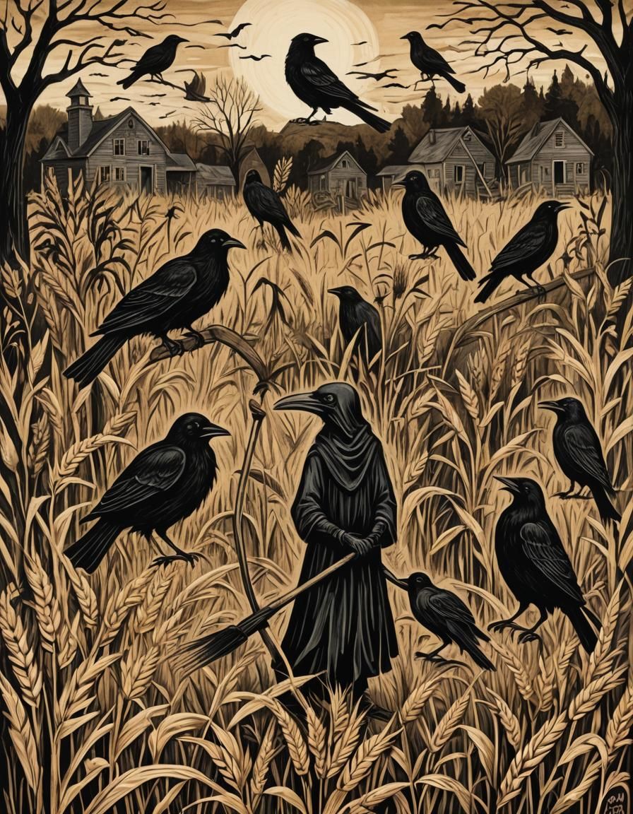 Eerie Puritan Folk Art Woodcut: Crows and Scythe