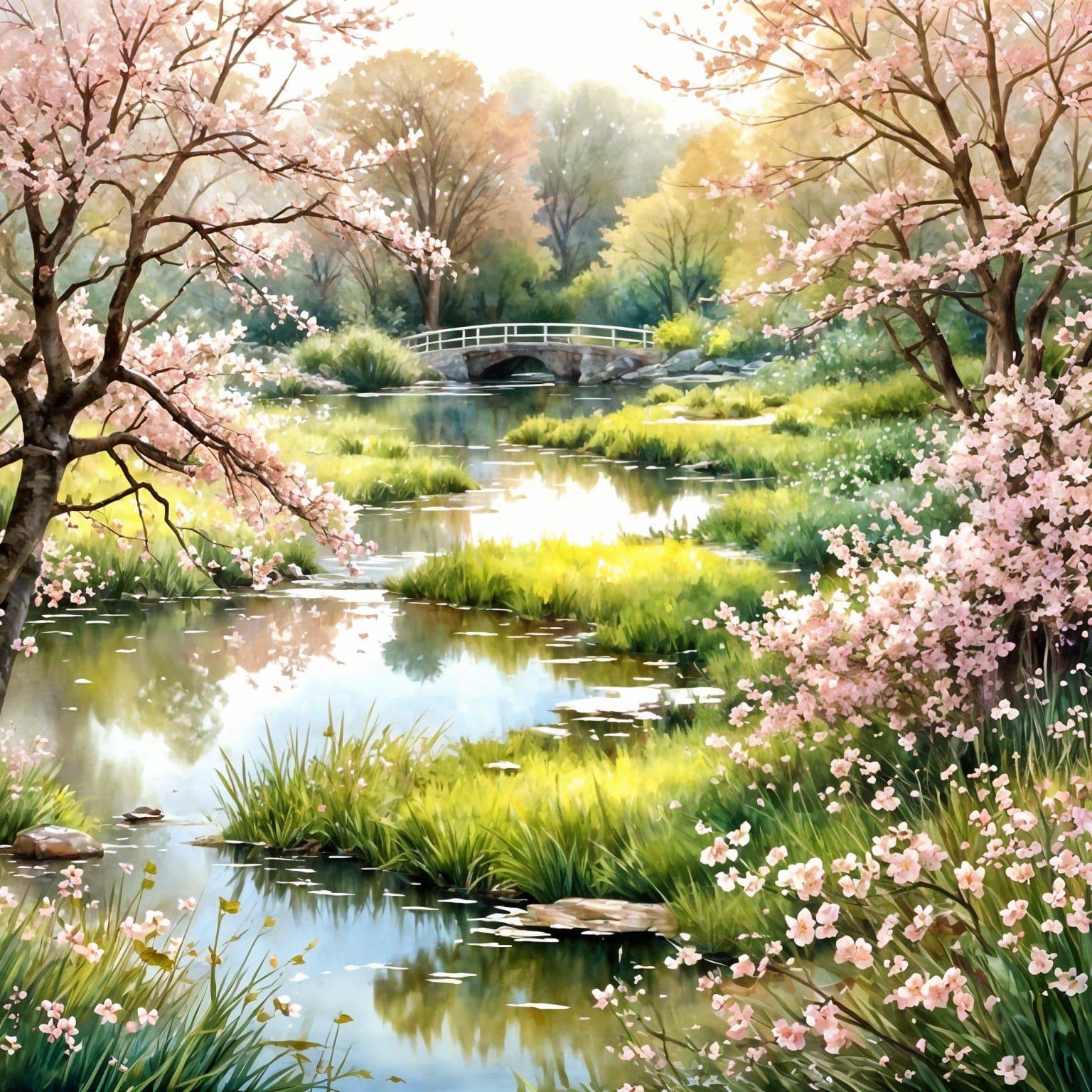 Cherry Blossom Meadow in Watercolor Style