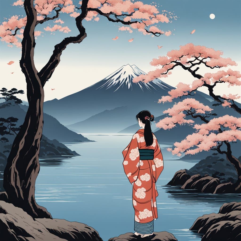 Japanese Woman in Traditional Kimono Amidst Cherry Blossoms ...
