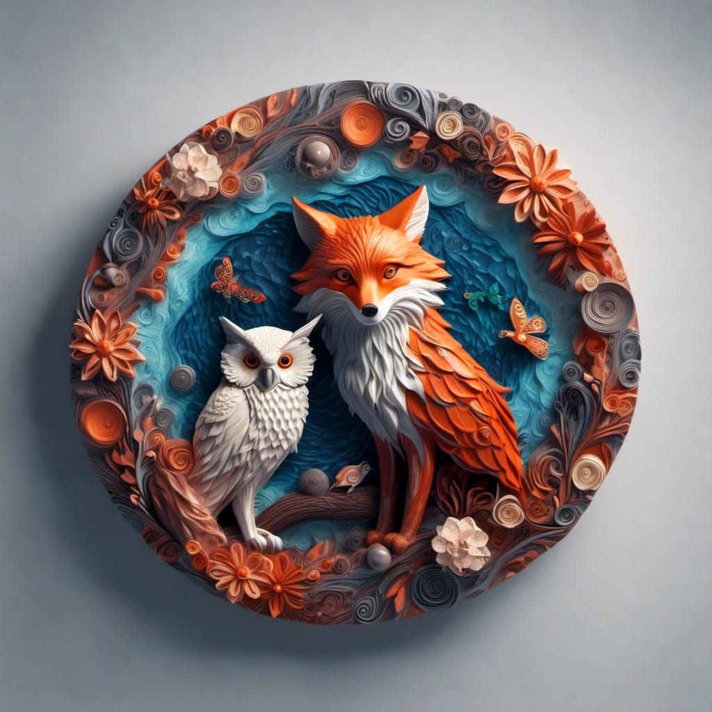Fox and Owl Yin Yang Matte Painting